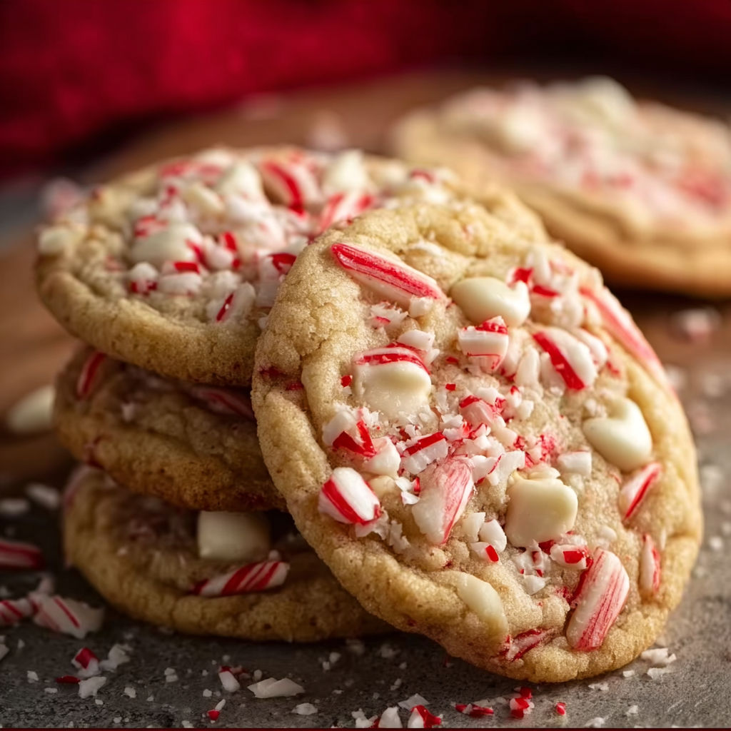A stack of white chocolate candy cane cookies.