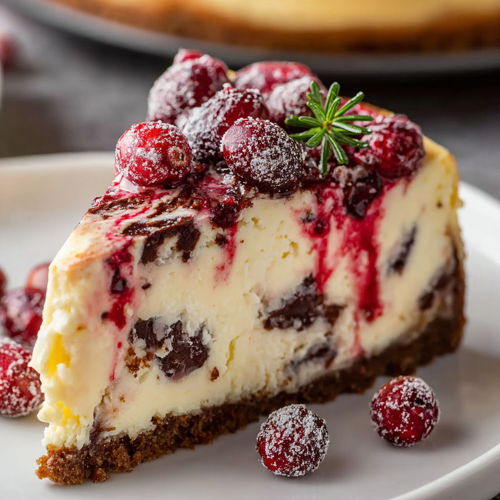 slice of cranberry white chocolate cheesecake