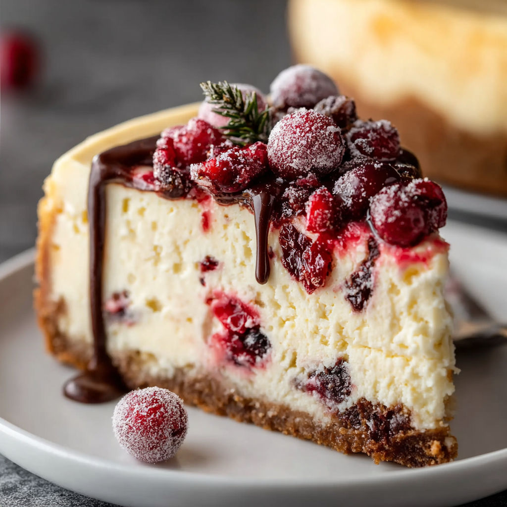 A slice of cheesecake with raspberries and chocolate drizzle.