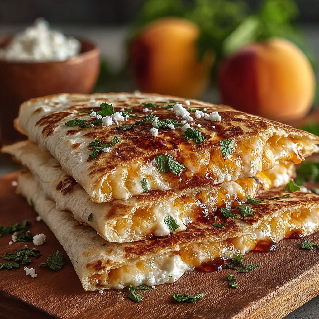 A stack of three quesadillas with cheese and peppers.