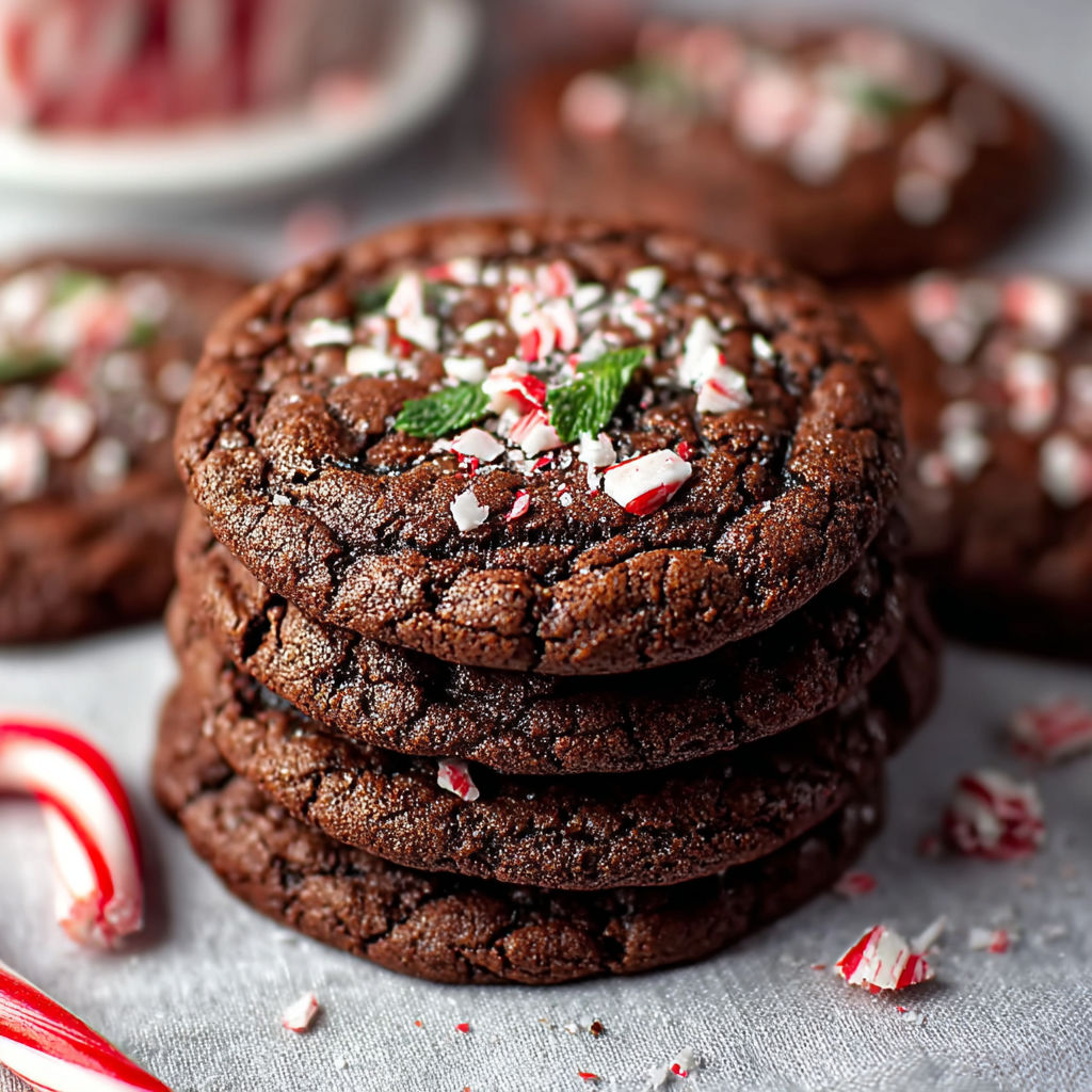 A stack of chocolate cookies with white sprinkles on top.