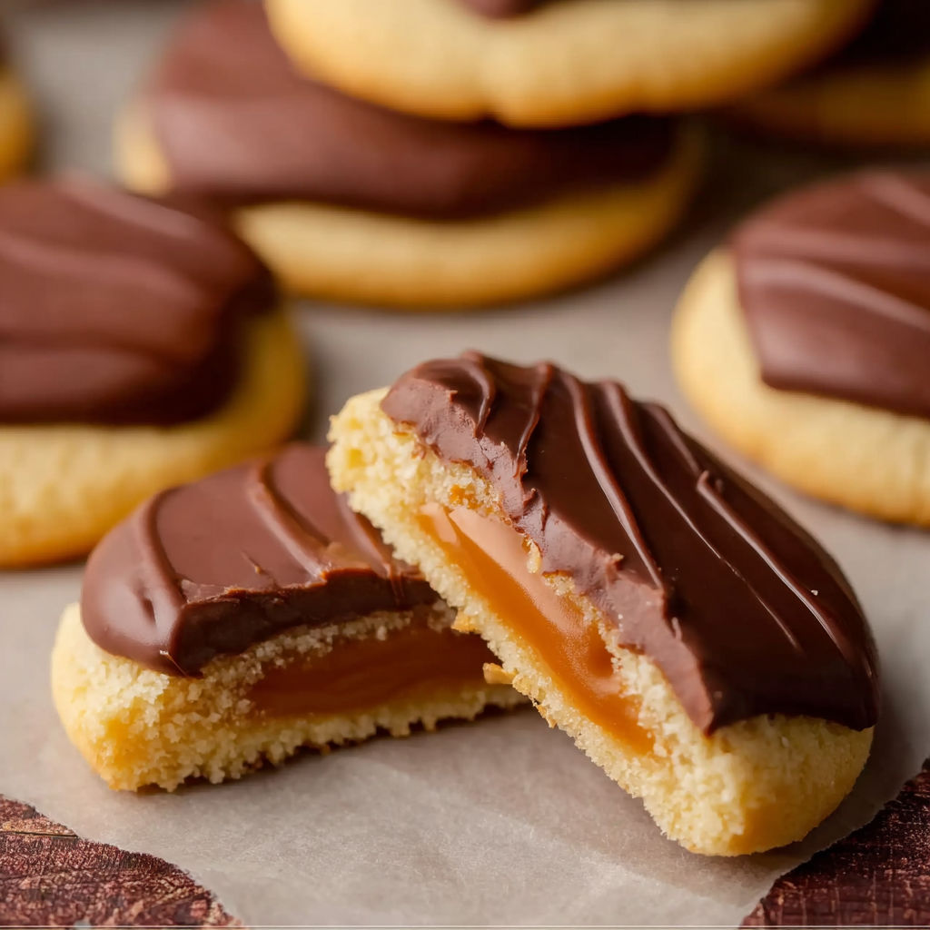 A chocolate cookie with peanut butter in the middle.