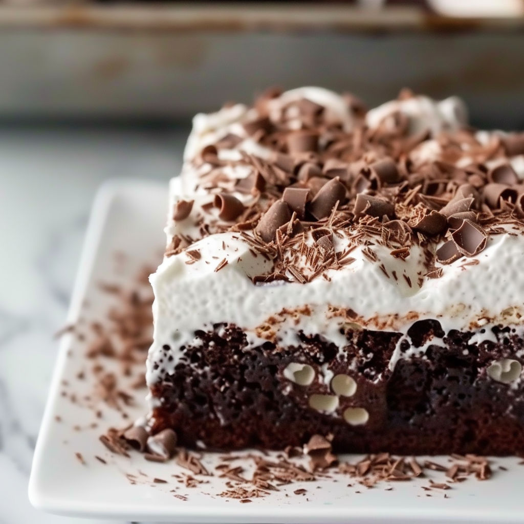 A slice of chocolate cake with white frosting and chocolate chips.