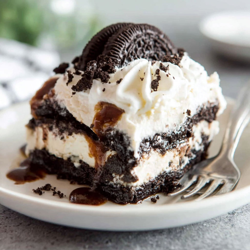 A slice of Oreo Lasagna on a plate.