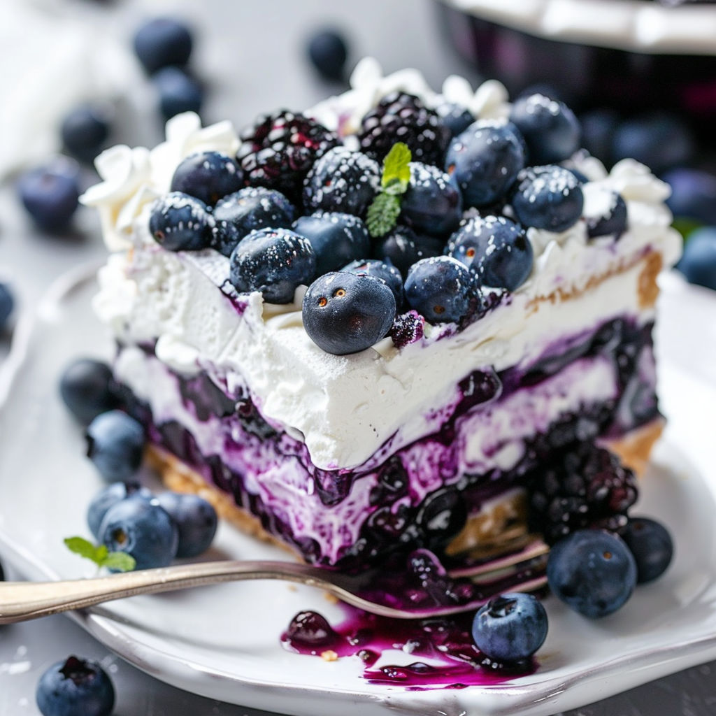 A slice of blueberry delicious cake.