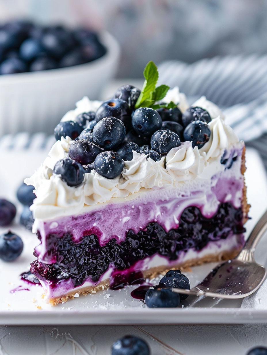 A slice of blueberry cheesecake with a blueberry on top.