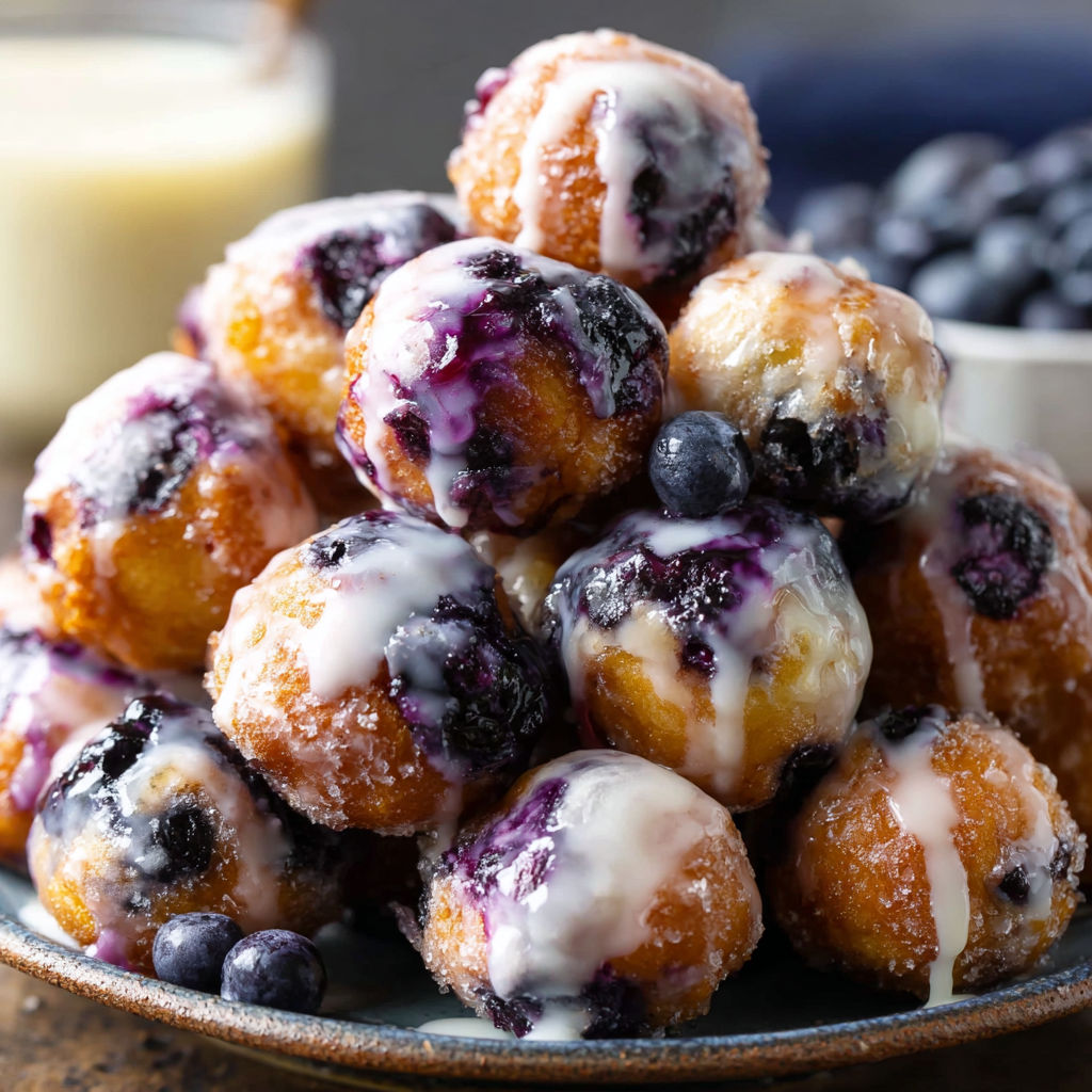 A stack of blueberry filled donuts with white icing.