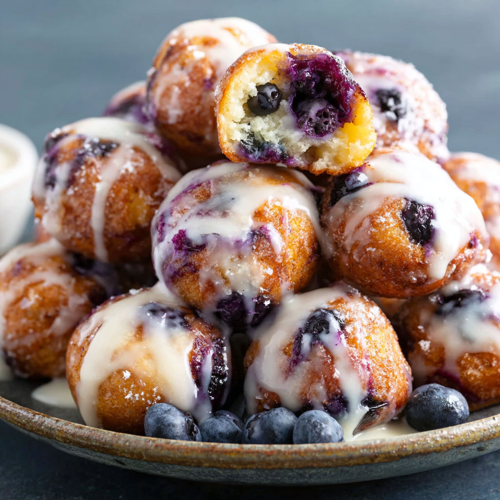 A plate of blueberry cake with icing.