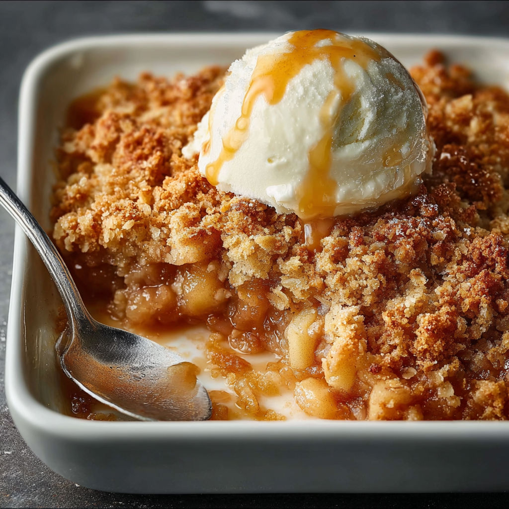 A bowl of apple crisp with a scoop of ice cream on top.