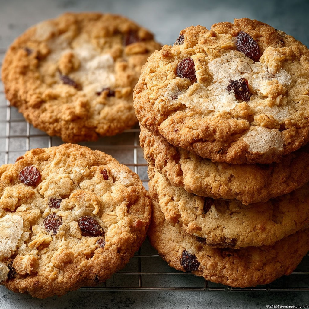 A stack of cookies with raisins on top.