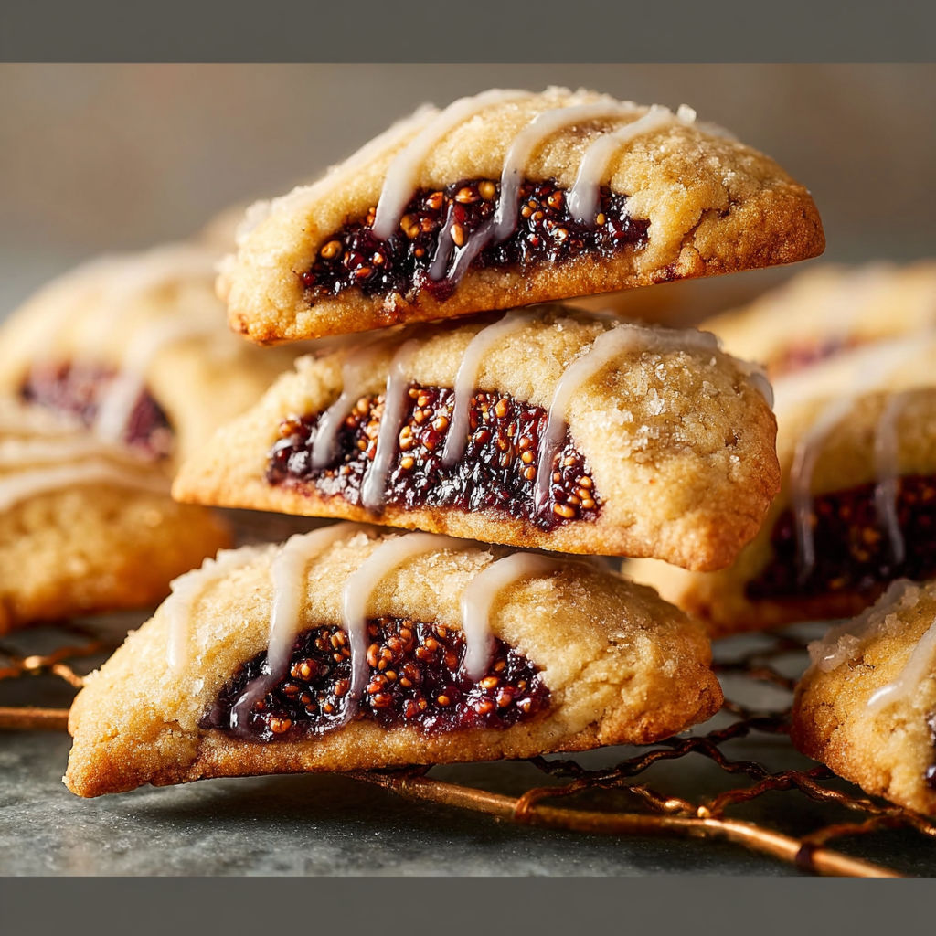 A stack of cookies with a white frosting.