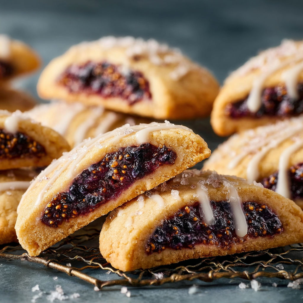 A plate of cookies with white icing and blueberry filling.