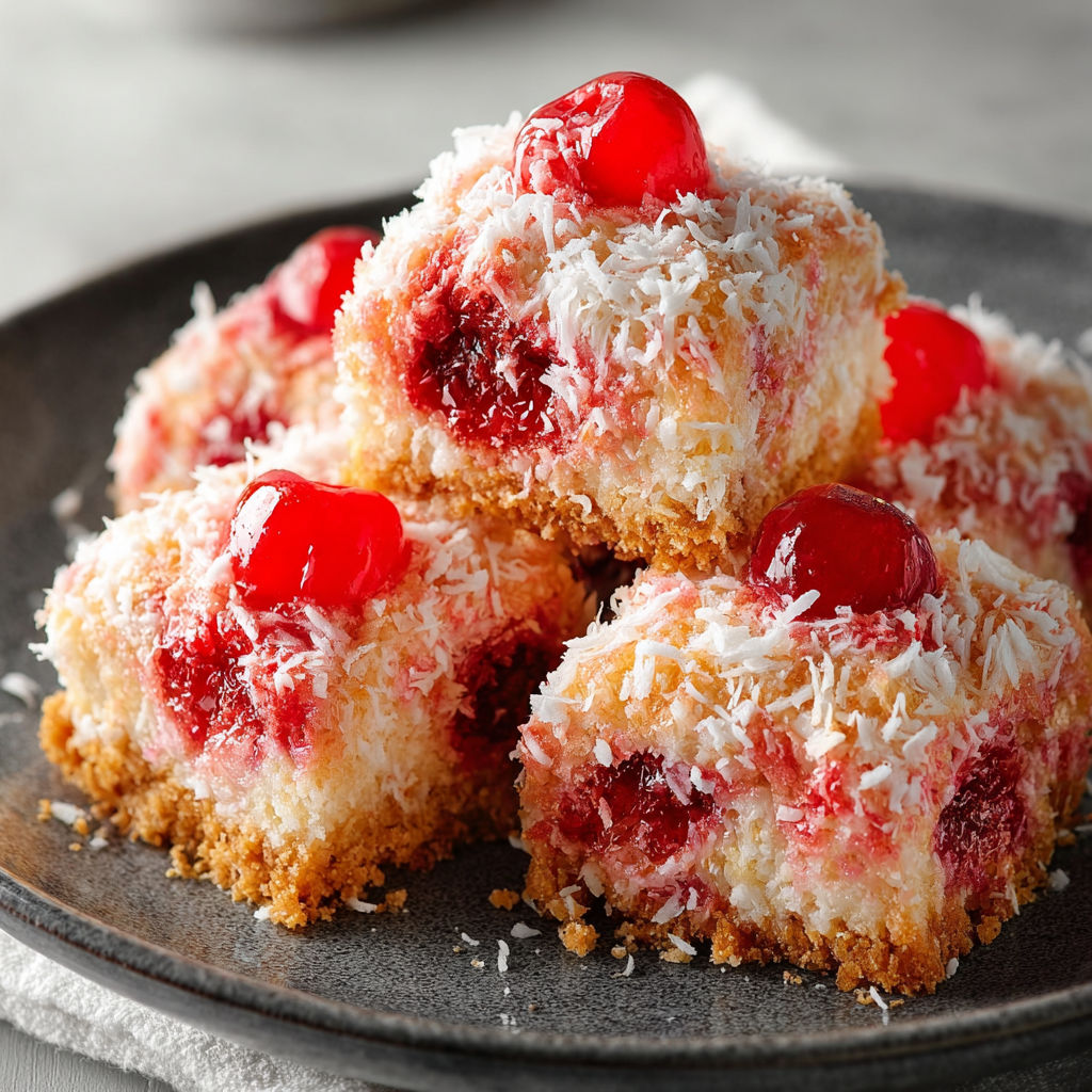 A plate of cherry coconut treats.