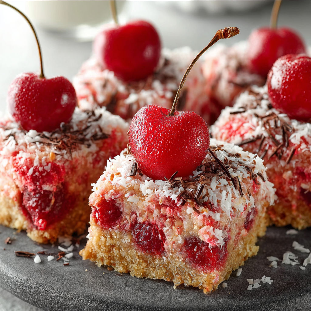 Cherry cake with white icing and chocolate sprinkles.