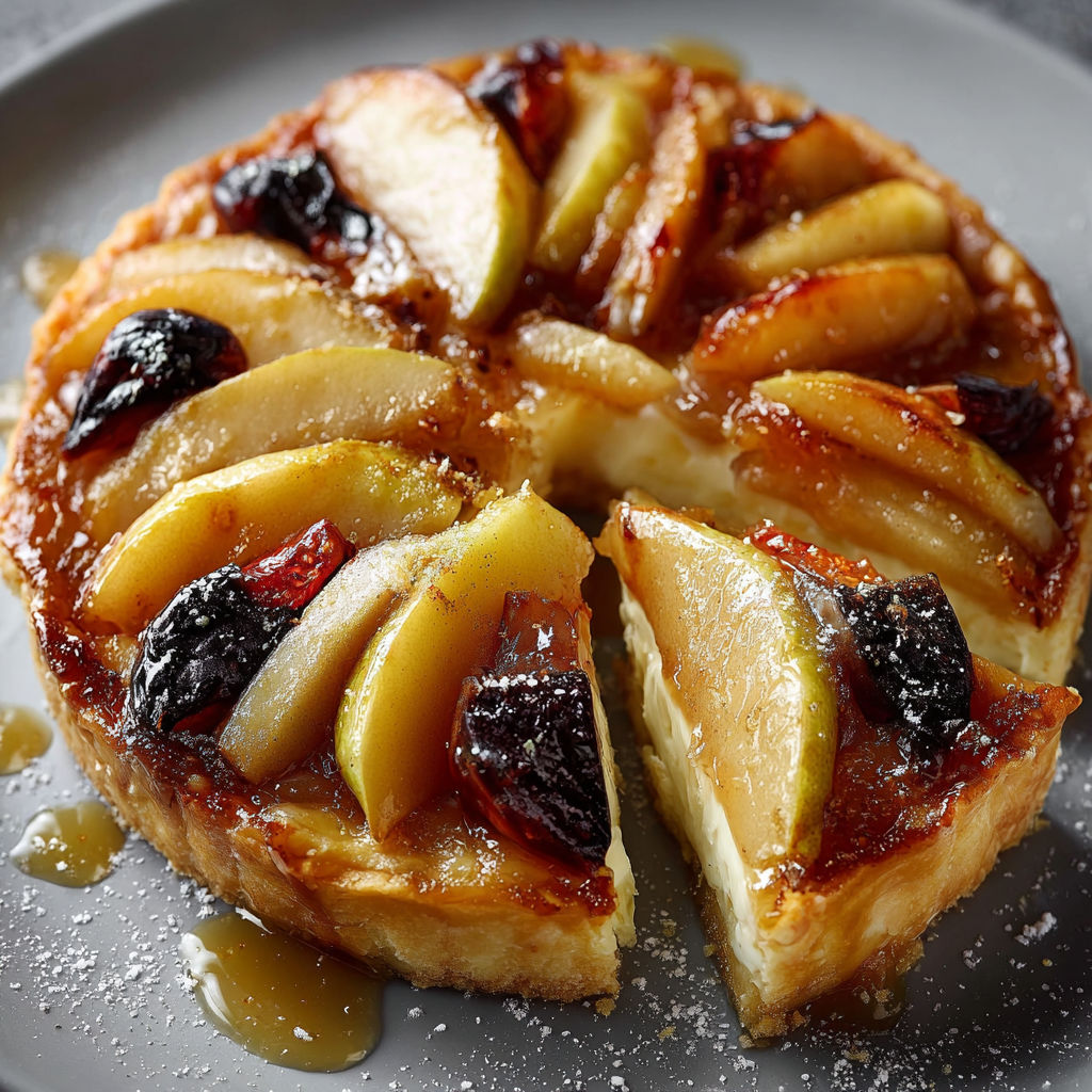 A slice of apple pie with a sauce on top.