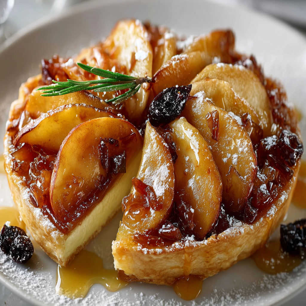 A slice of apple pie with a sprig of rosemary on top.