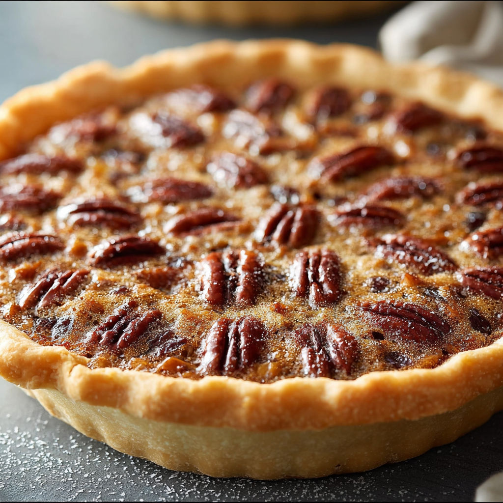 A pie with a crust and a filling of pecans.