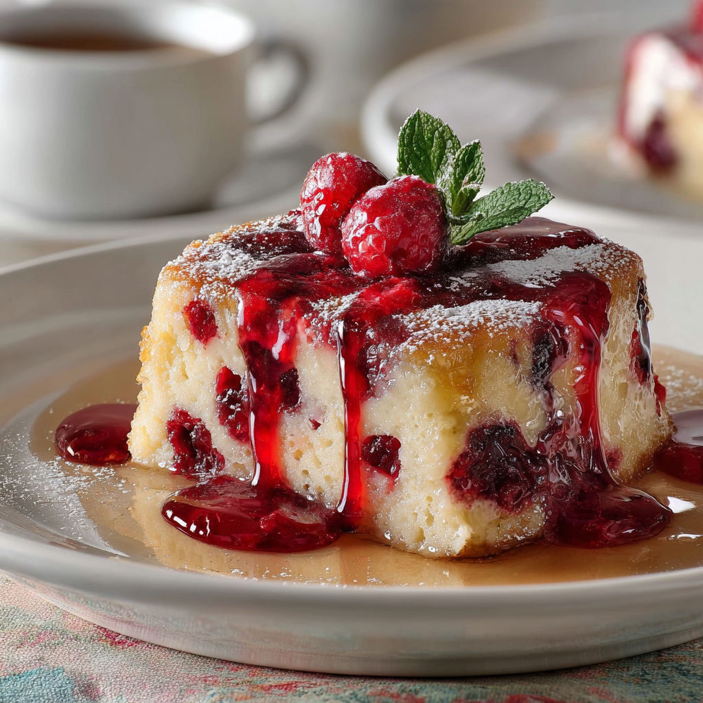 A slice of cake with raspberries on top.