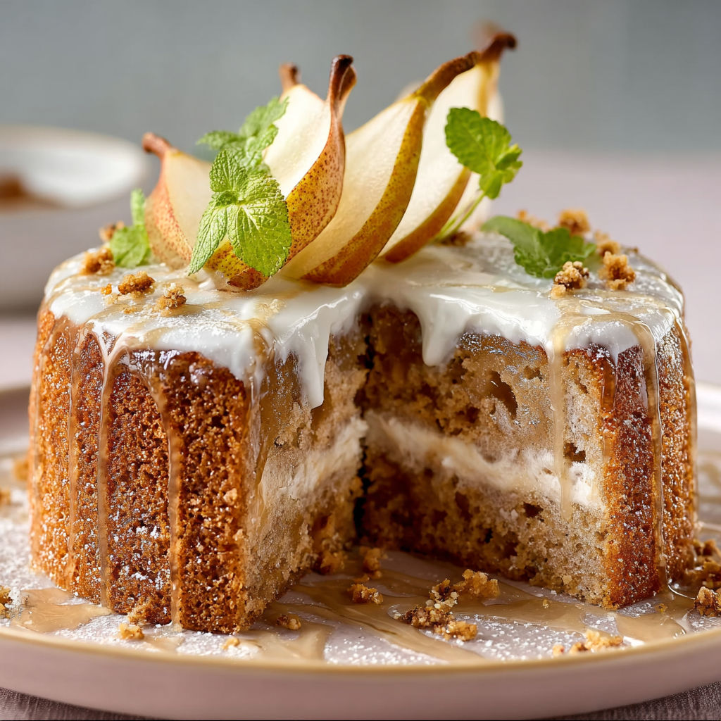 A slice of cake with apples and mint on top.