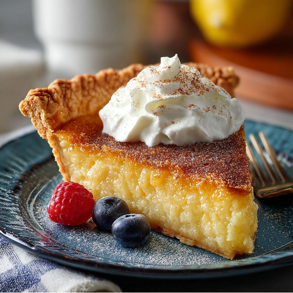 A slice of buttermilk pie with whipped cream on top.
