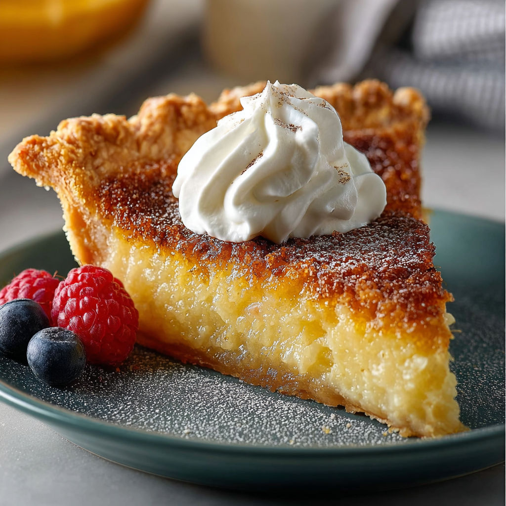 A slice of pie with whipped cream on top.