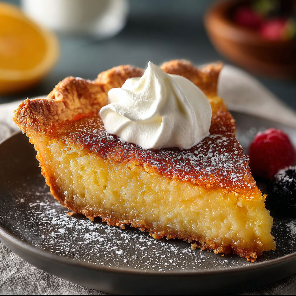 A slice of pie with whipped cream on top.