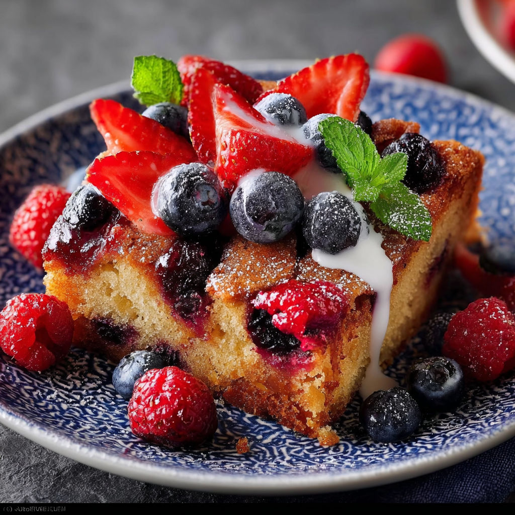 A slice of honey berry sheet cake with strawberries and blueberries on top.