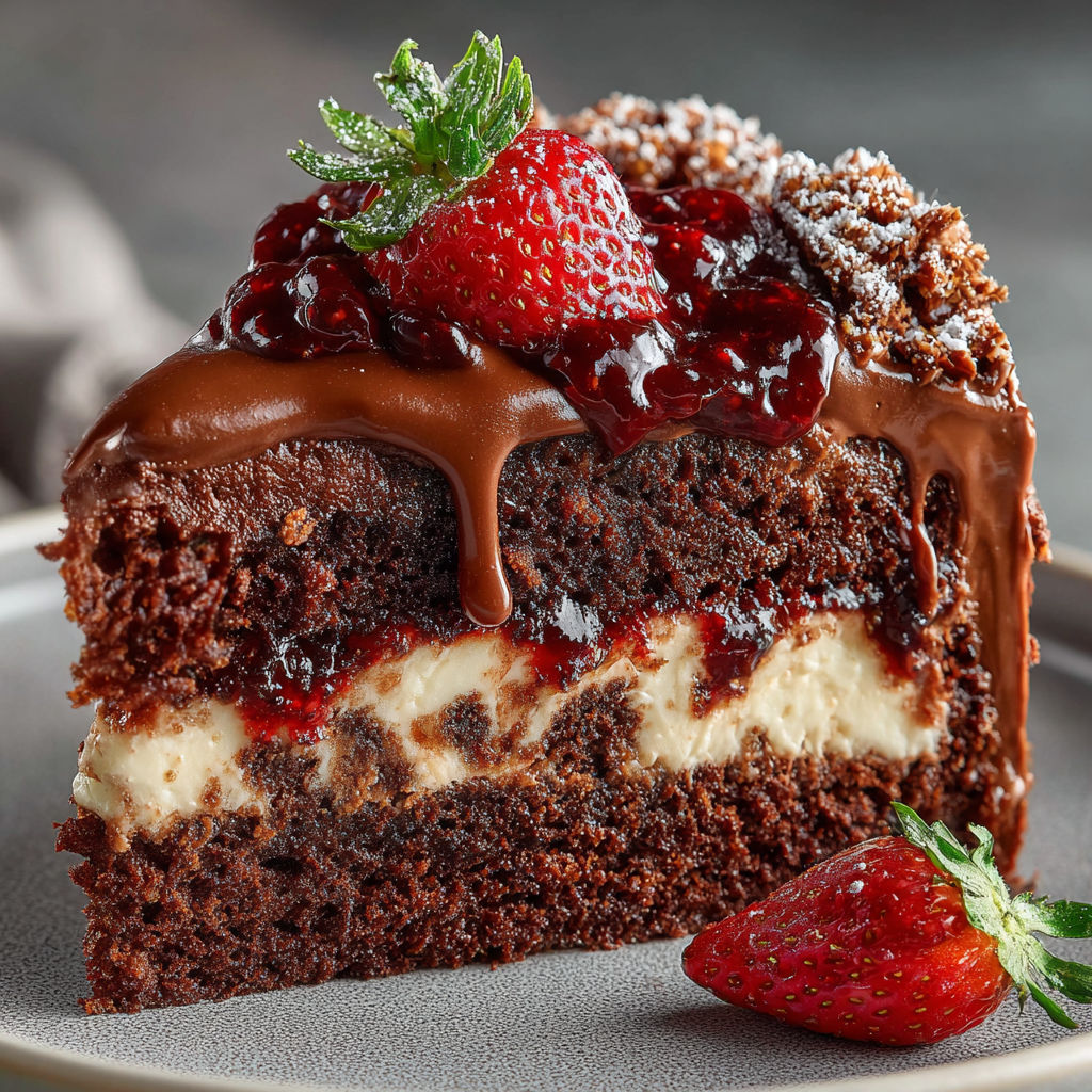 A slice of old fashioned jam cake with chocolate and strawberries.