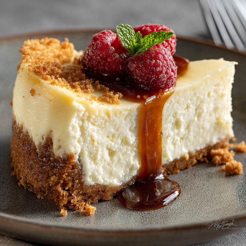 A slice of cheesecake with a raspberry on top.