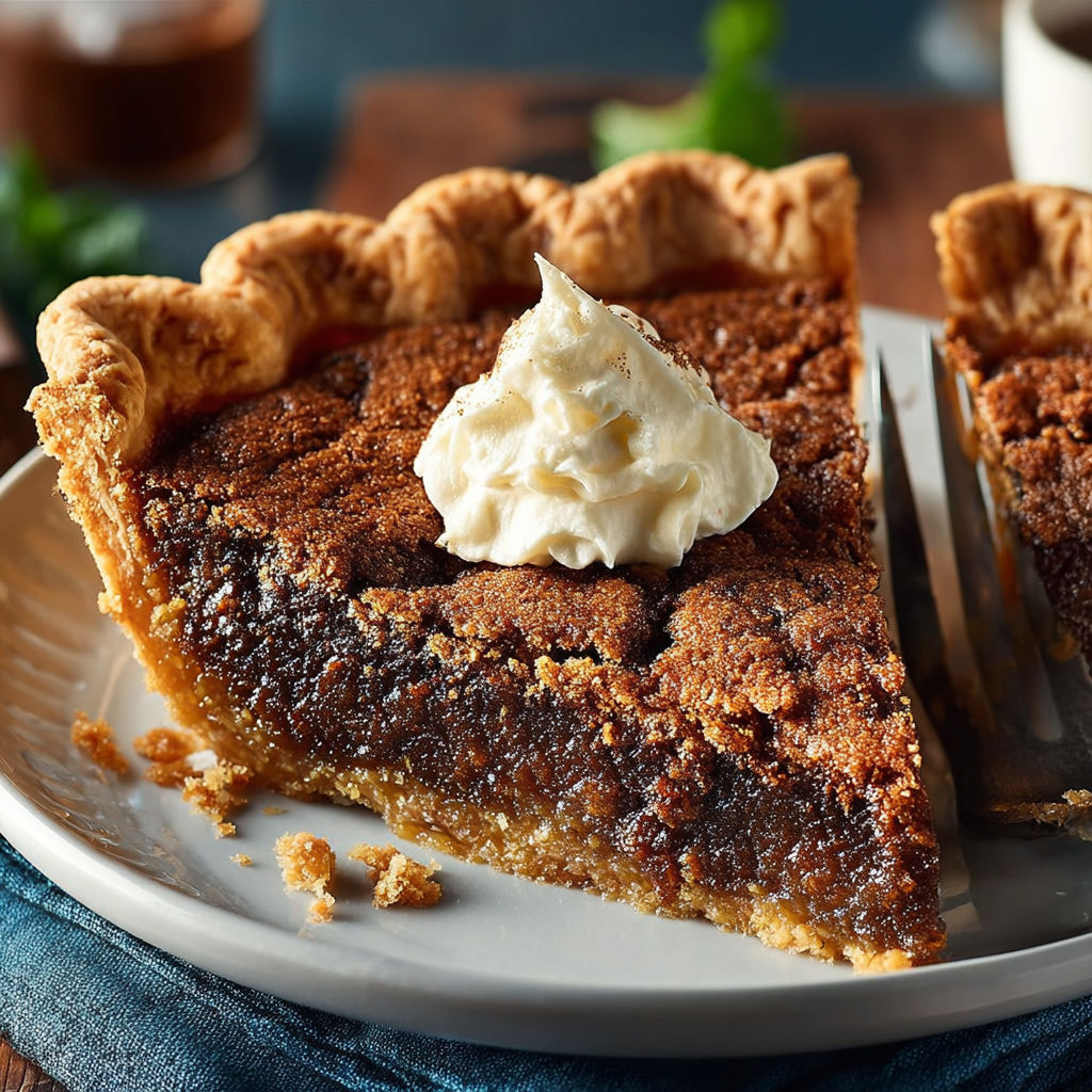 A slice of pie with whipped cream on top.