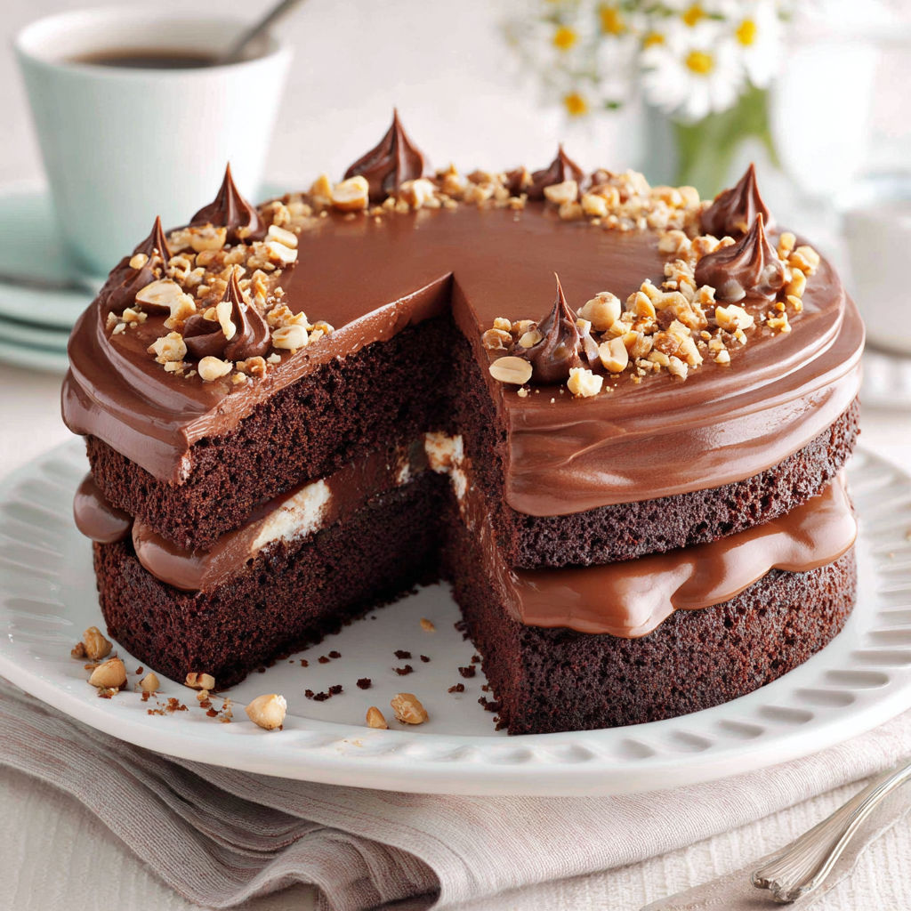 A slice of chocolate cake with nuts.