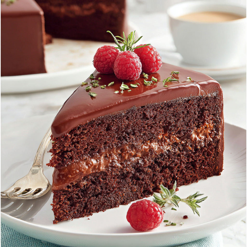 A slice of chocolate cake with raspberries on top.
