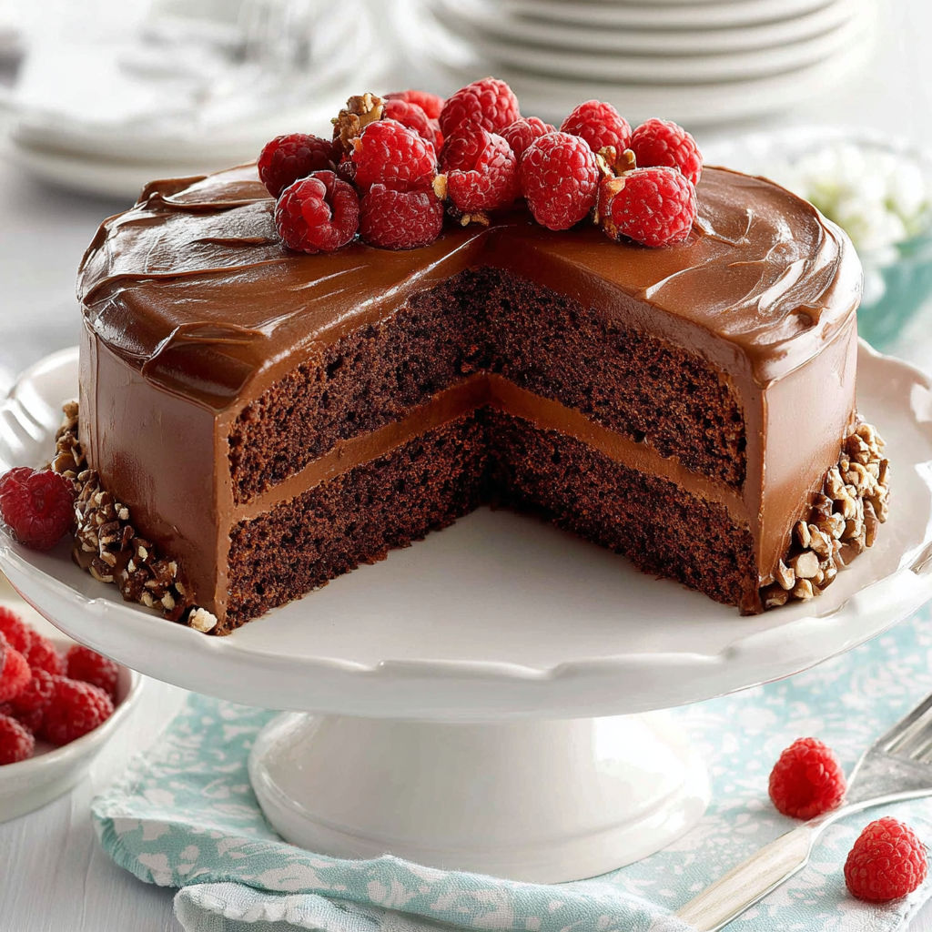 A slice of chocolate cake with raspberries on top.