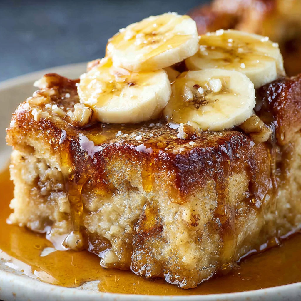 A slice of banana bread pudding with bananas on top.
