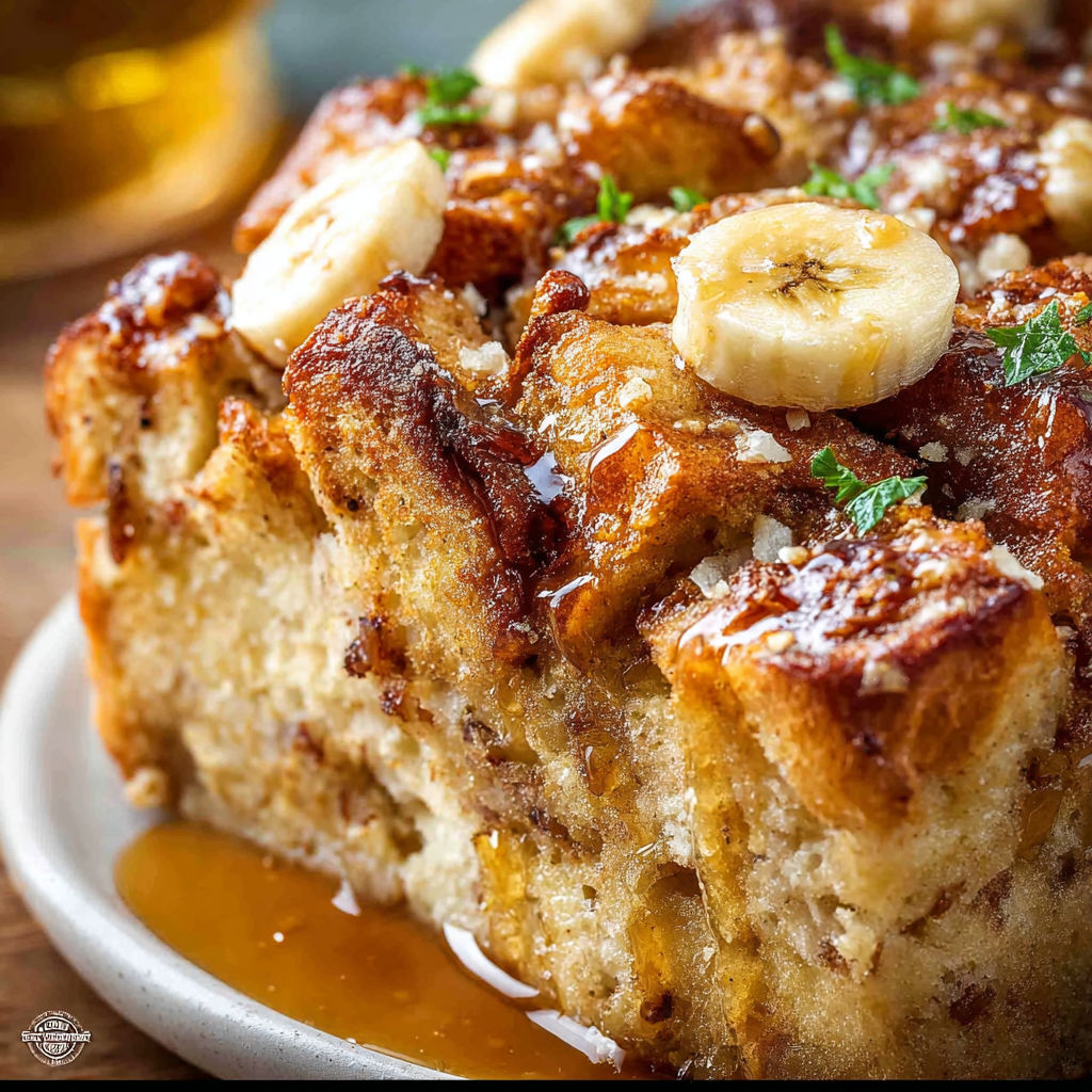 A slice of banana bread with a drizzle of caramel sauce.