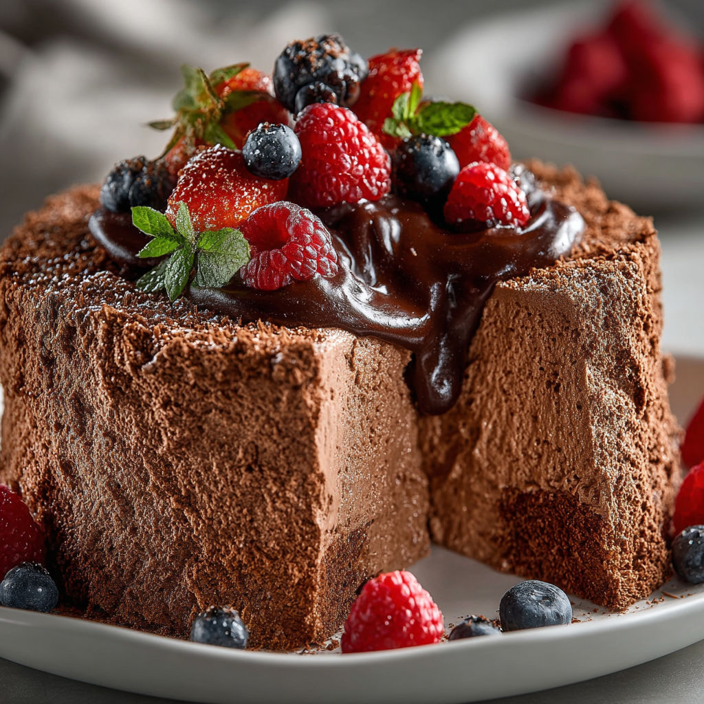 A chocolate cake with strawberries and blueberries on top.
