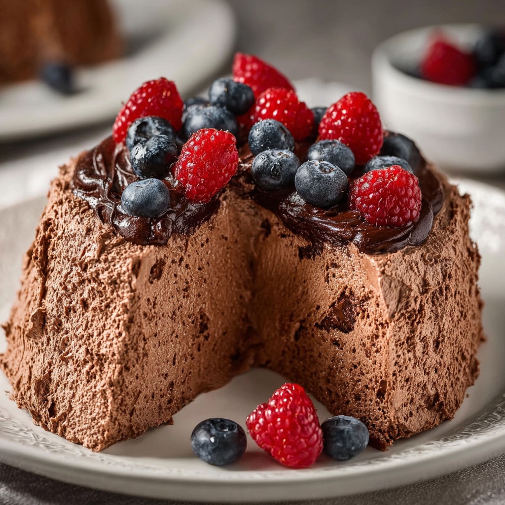 A chocolate cake with blueberries and raspberries on top.