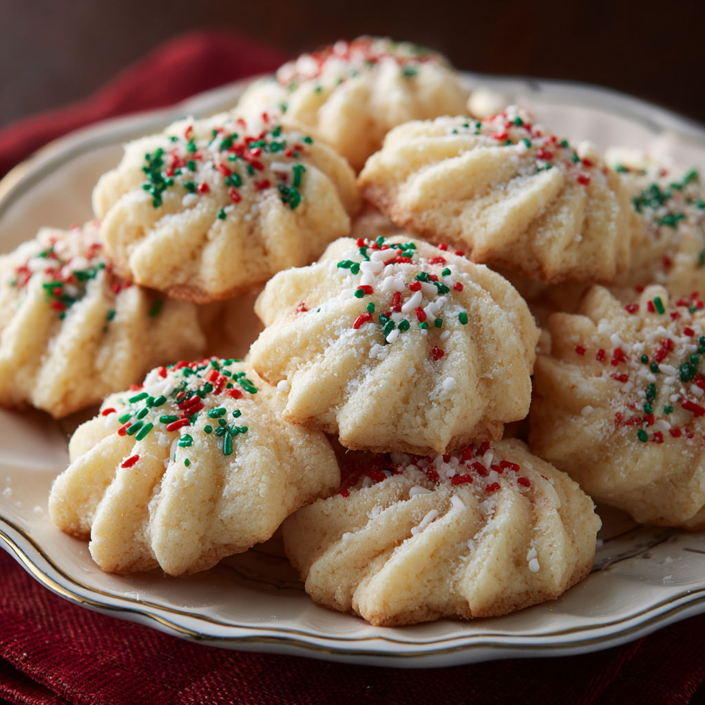 A plate of spritz cookies with white and red sprinkles.