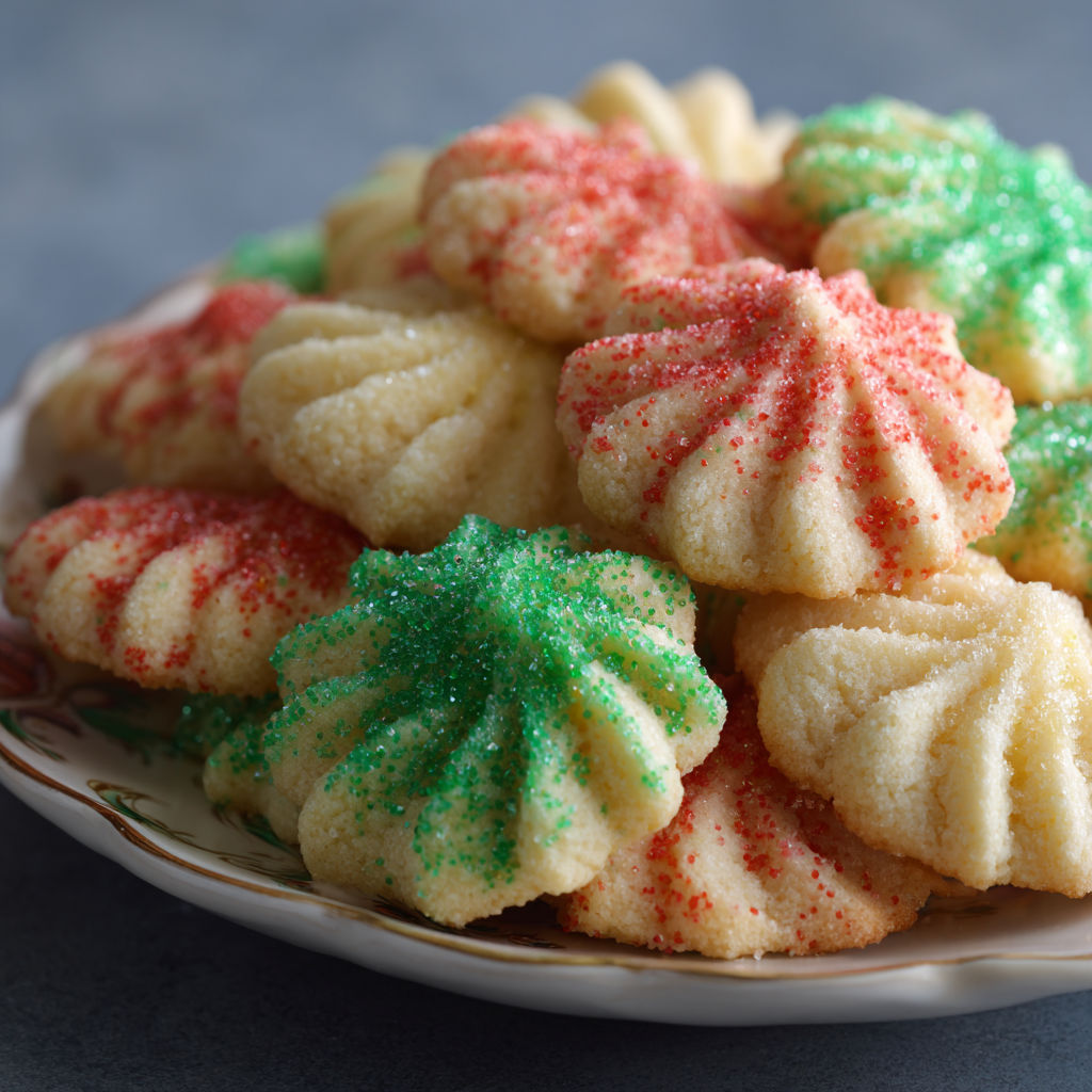 A plate of spritz cookies with green and red sprinkles.