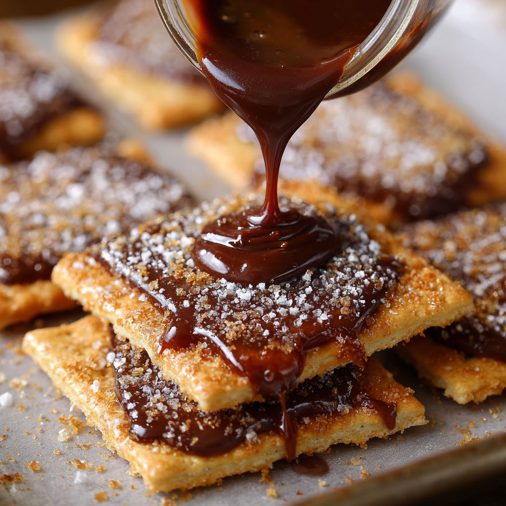 A churro saltine toffee with chocolate drizzled on top.