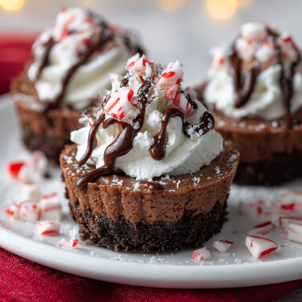 Three chocolate peppermint cheesecake bites on a plate.