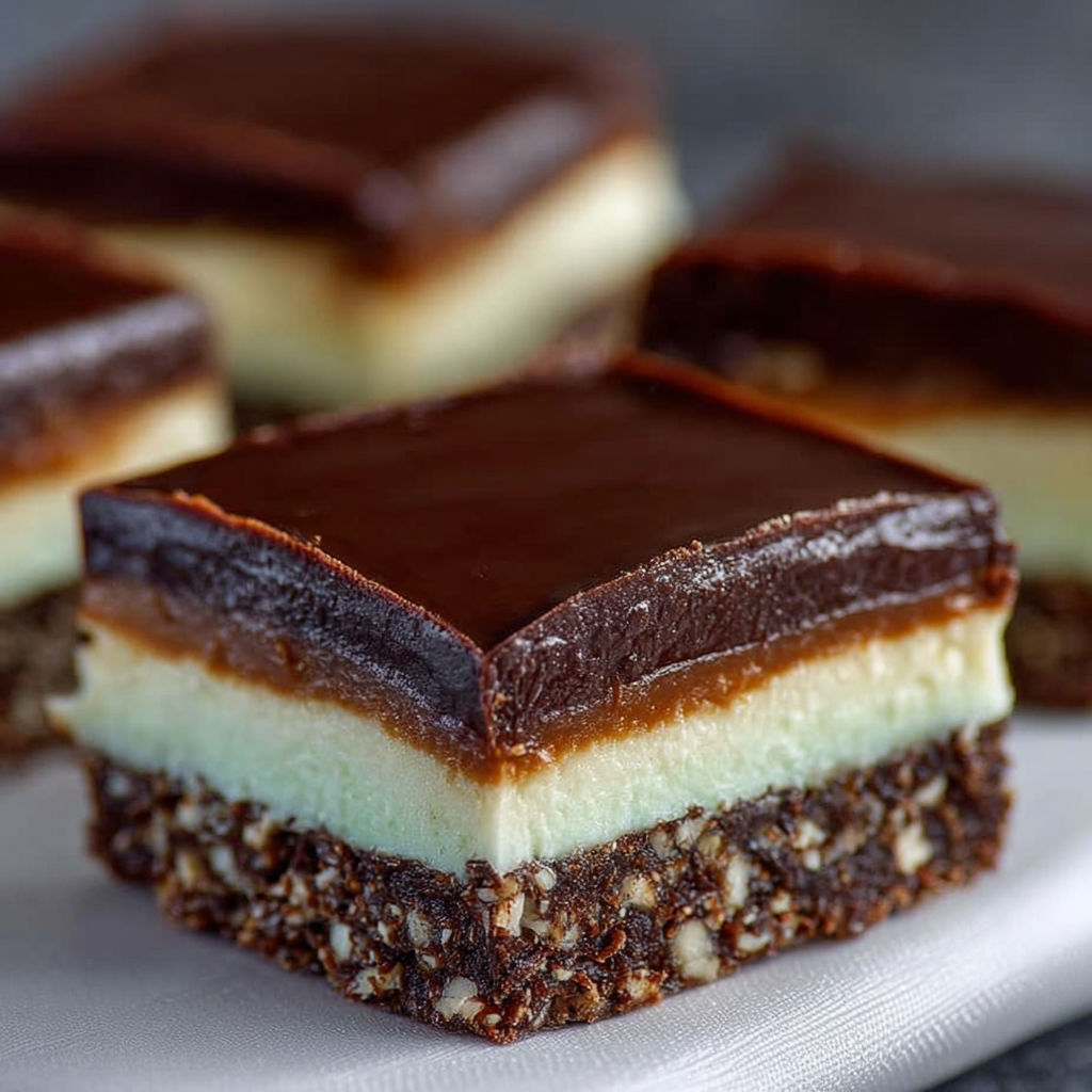 A close up of a chocolate mint nanaimo bar.