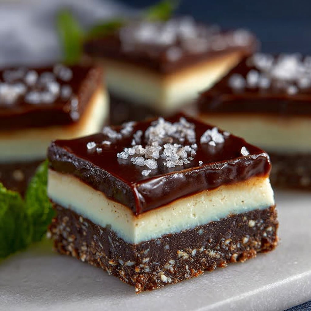 A square of chocolate cake with a white and brown filling.
