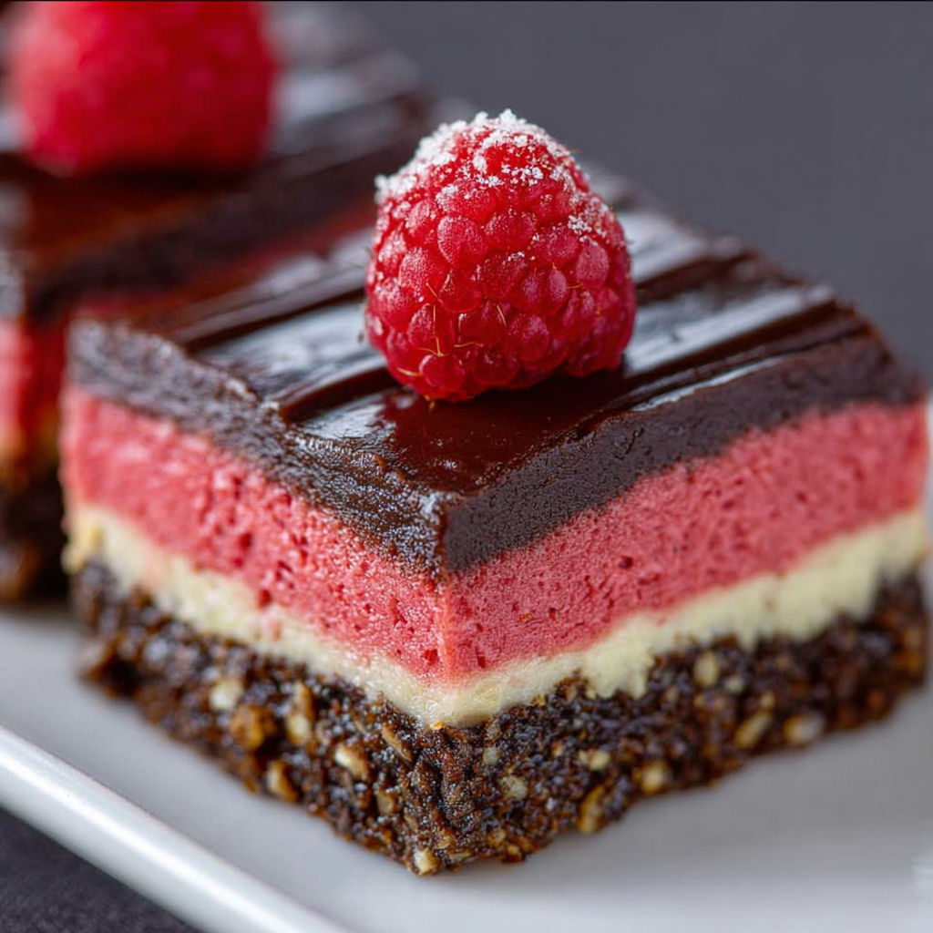 A slice of chocolate cake with a raspberry on top.