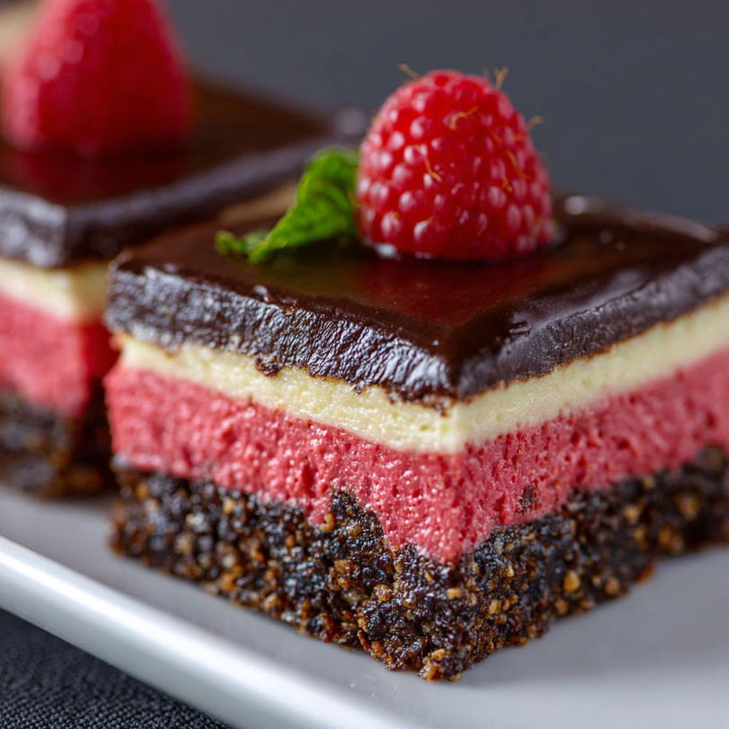 A slice of chocolate cake with a raspberry on top.