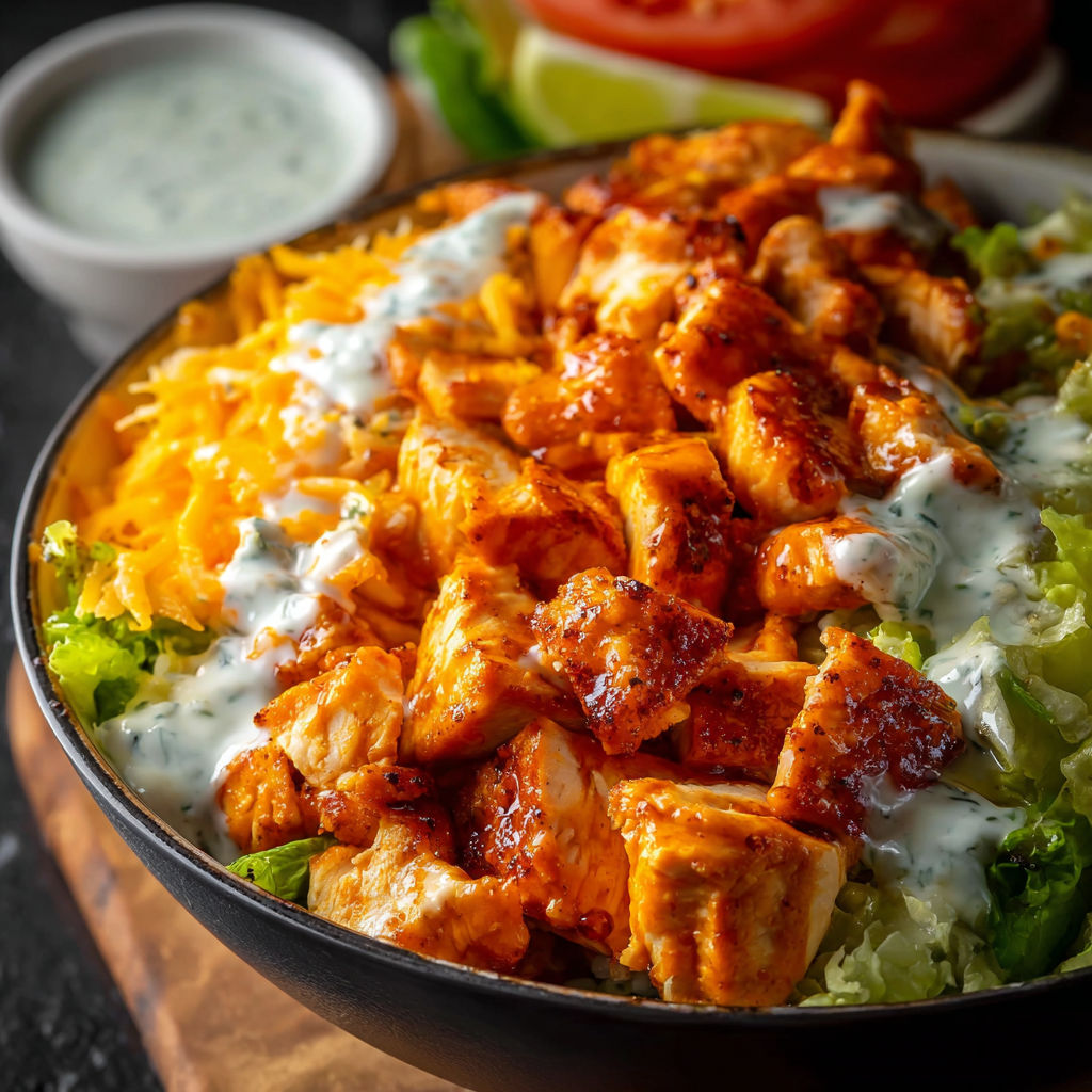 A bowl of chicken with a side of ranch dressing.