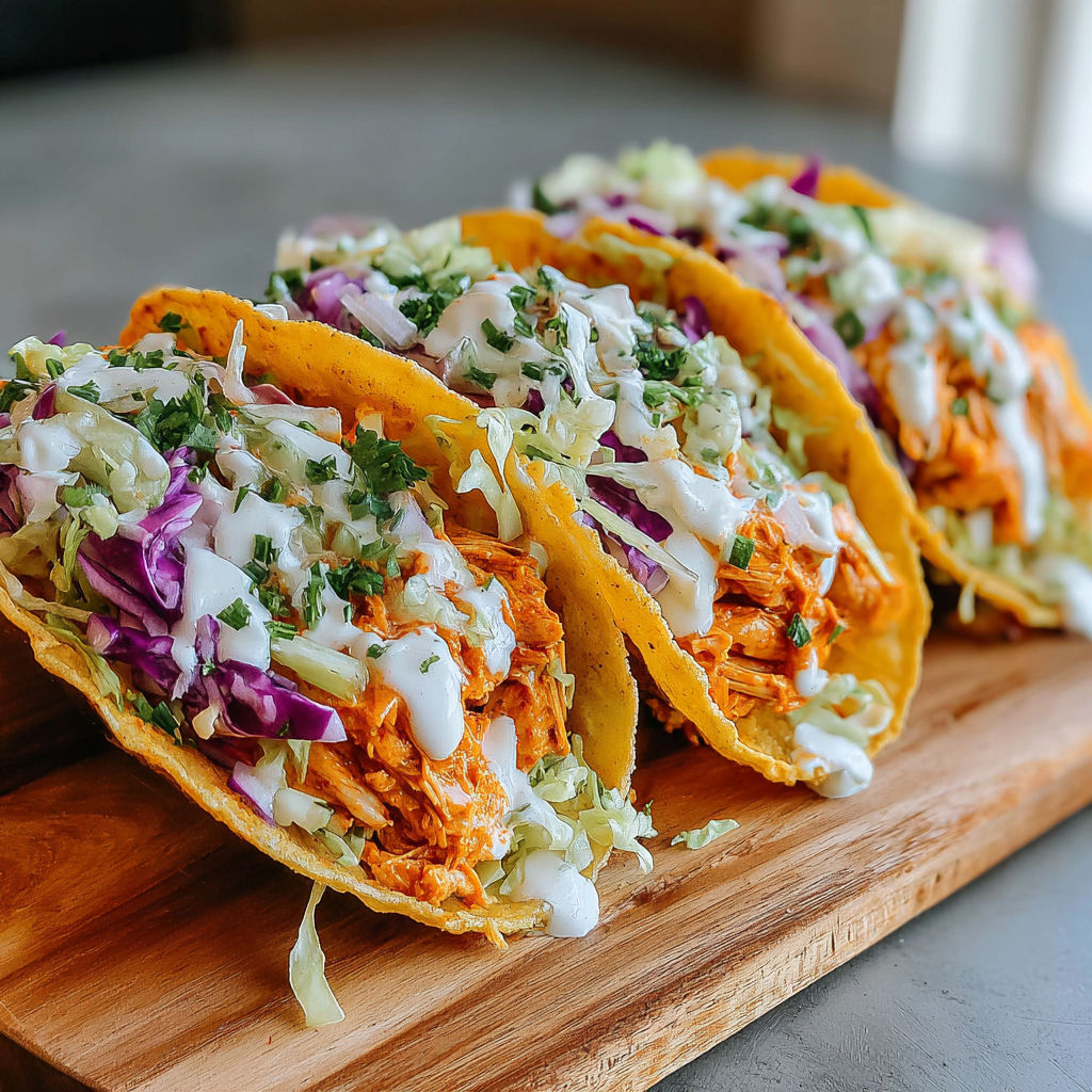 Three tacos with buffalo chicken smash burger toppings.