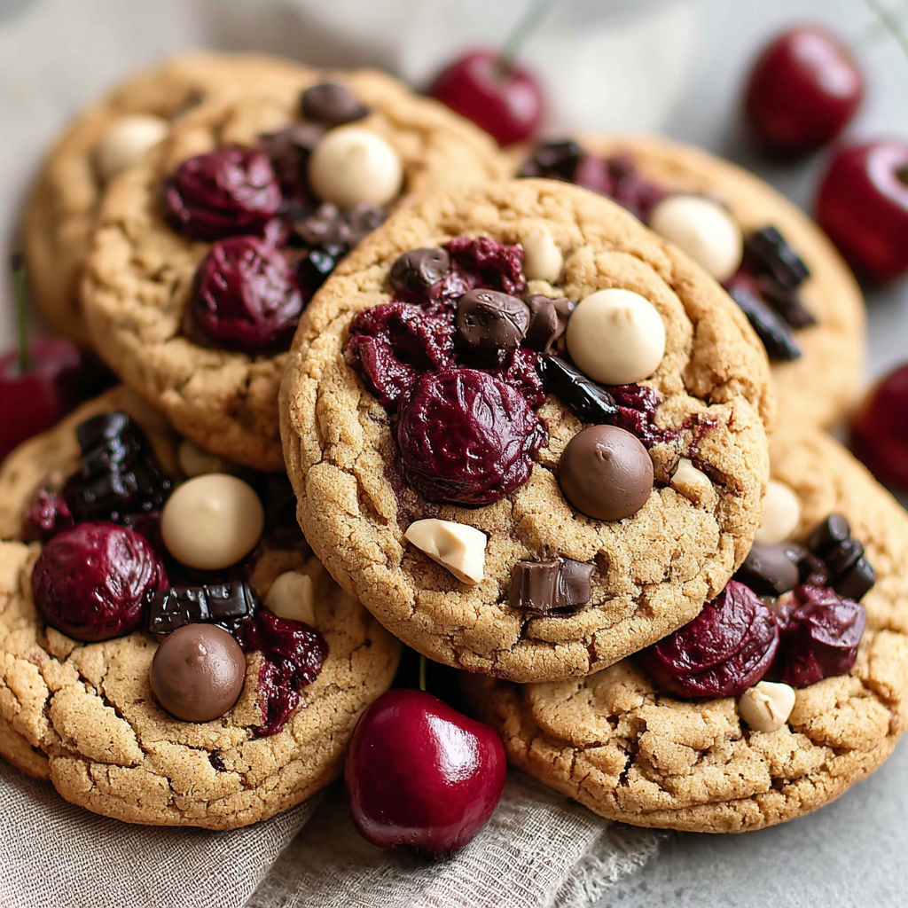 A close up of a chocolate chip cookie with cherries on top.