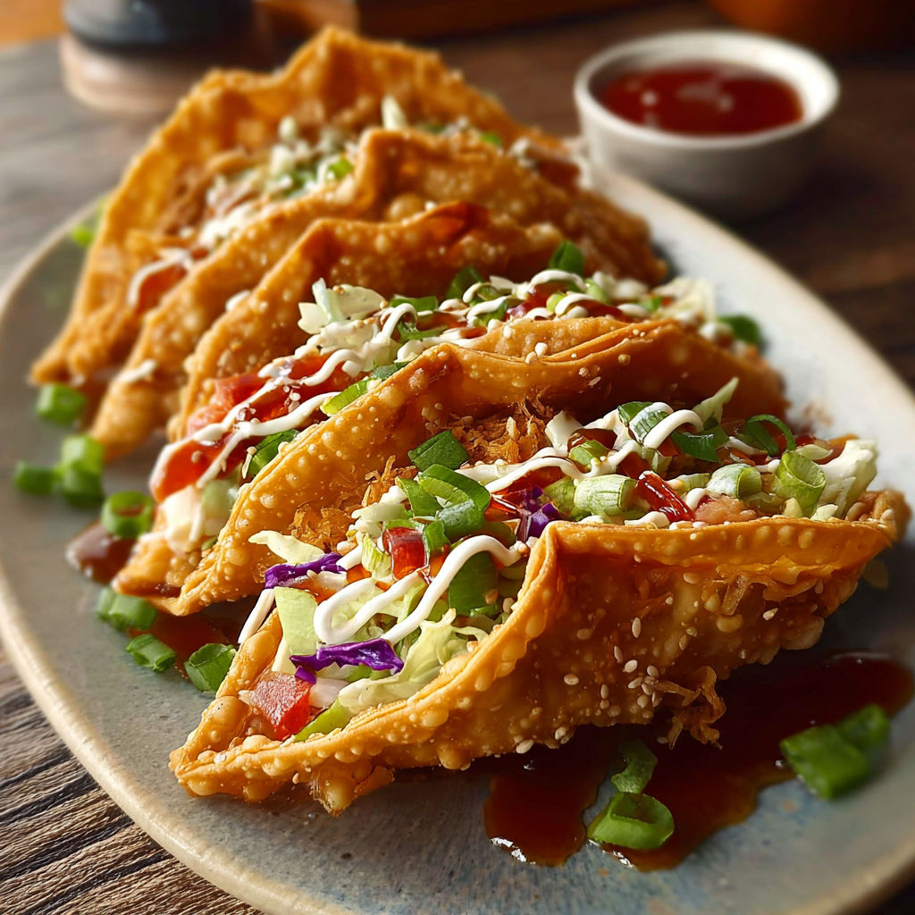 A plate of crispy chicken wonton tacos.