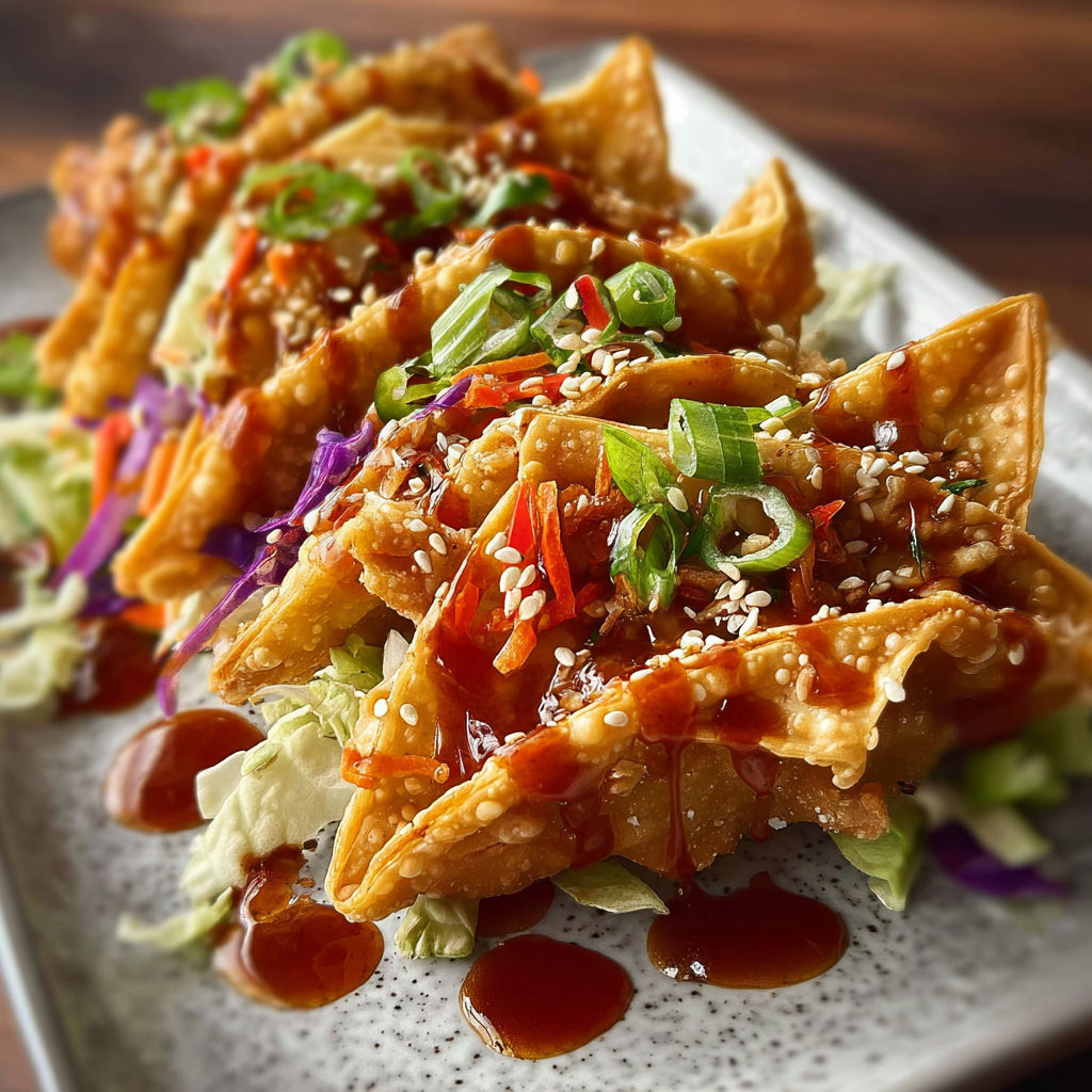 Crispy chicken wonton tacos with a dipping sauce.